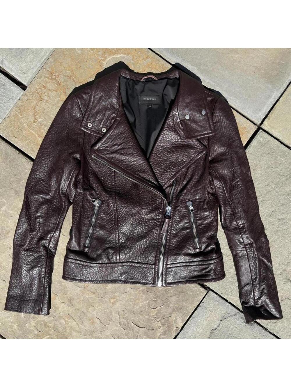 Mackage Montreal Burgundy Textured Leather Biker Jacket